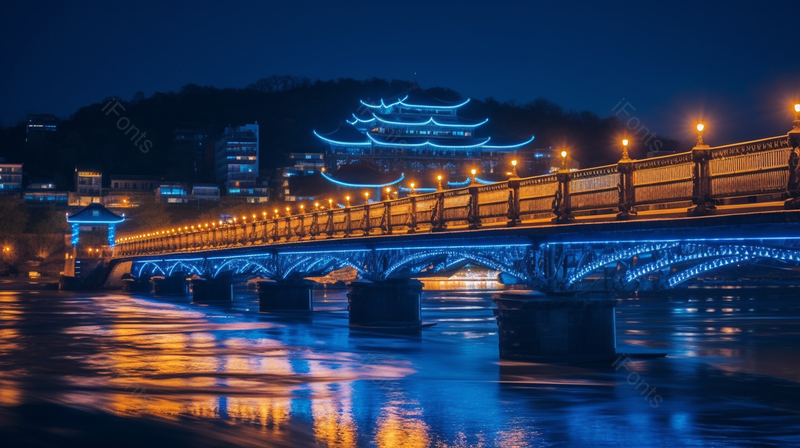 夜空夜景地标城市建筑的灯光栏杆景观摄影图,高清,摄影图,摄影图片,图片大全,摄影图免费下载